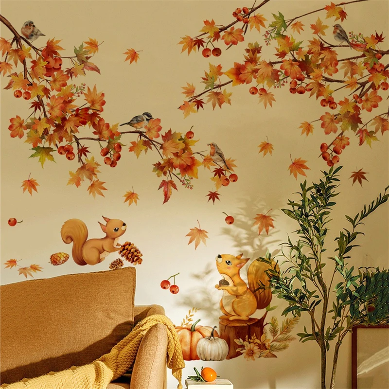 

Large Wall Sticker Maple Plant Leaf Squirrel Bird Living Room Bedroom Wall Art Decoration Painting Sccessories