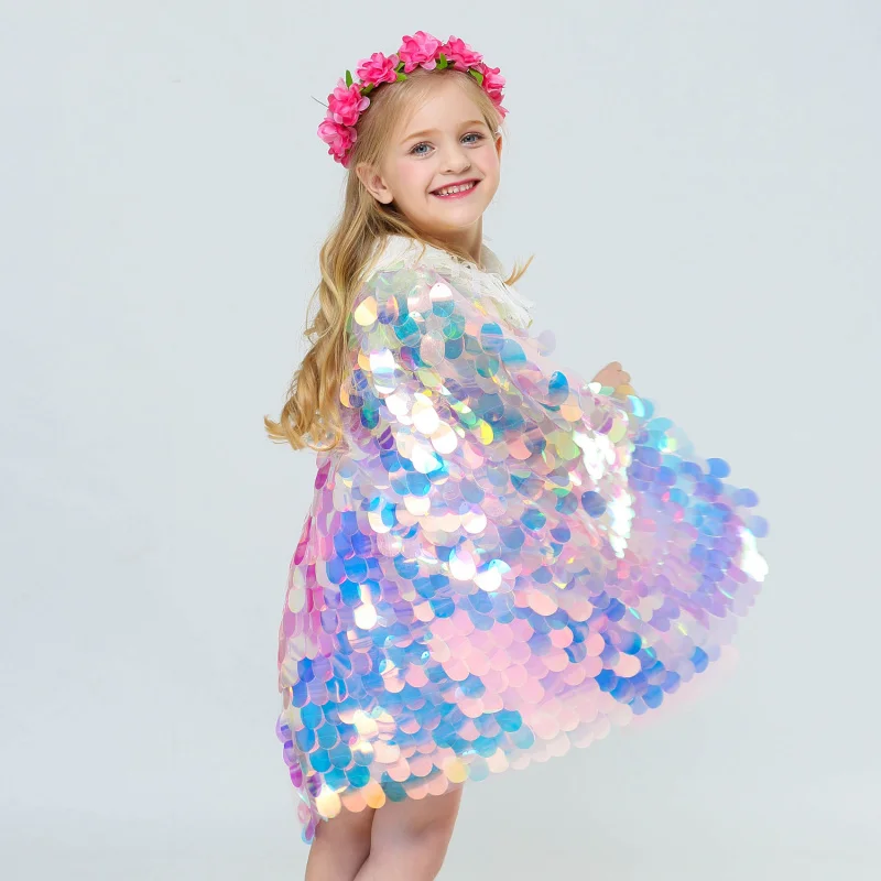 

New Little Mermaid Princess Girls Sequins Cape Cloak for Beach Party Clothes Children Rainbow Shawl Cosplay ELSA Christmas Wear