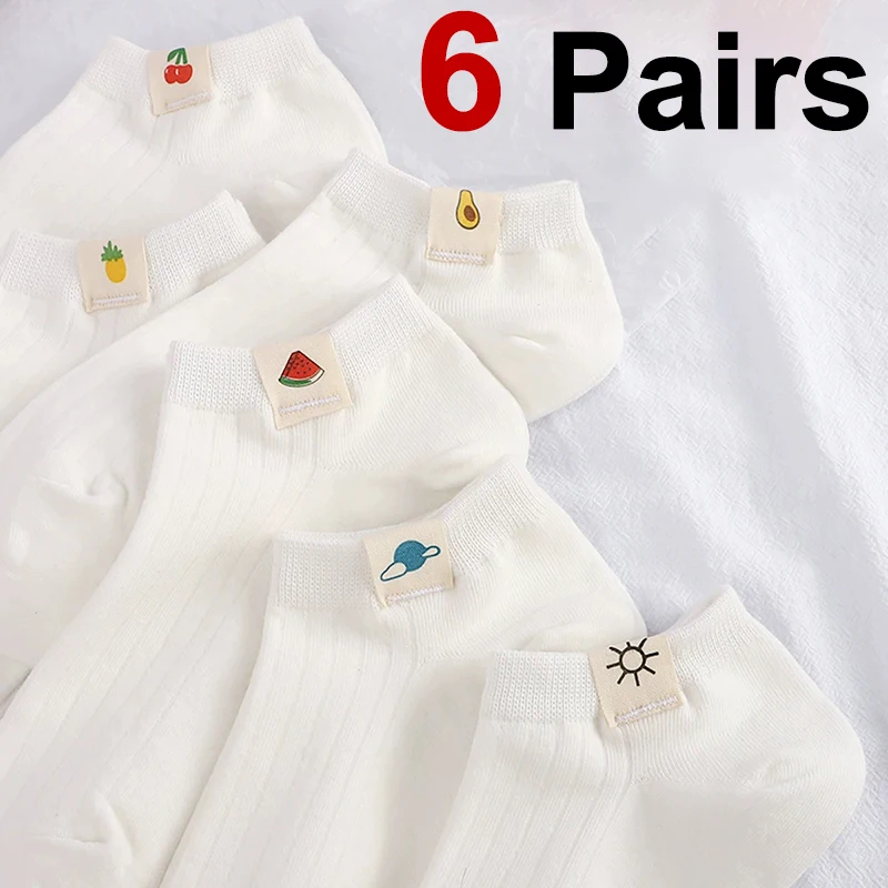6 Pairs Women Cartoon Side Label Cotton Socks Fashionable Fruit Print Soft Comfortable Sweat Absorbing Breathable Casual Socks