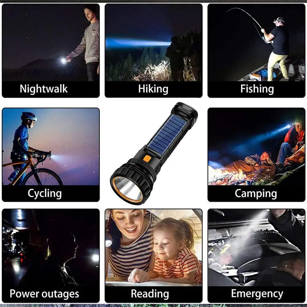 Led Solar Tactical Flashlight 1200mah High Power Flashlights USB/Solar Rechargeable Waterproof Outdoor Camping Emergency Light