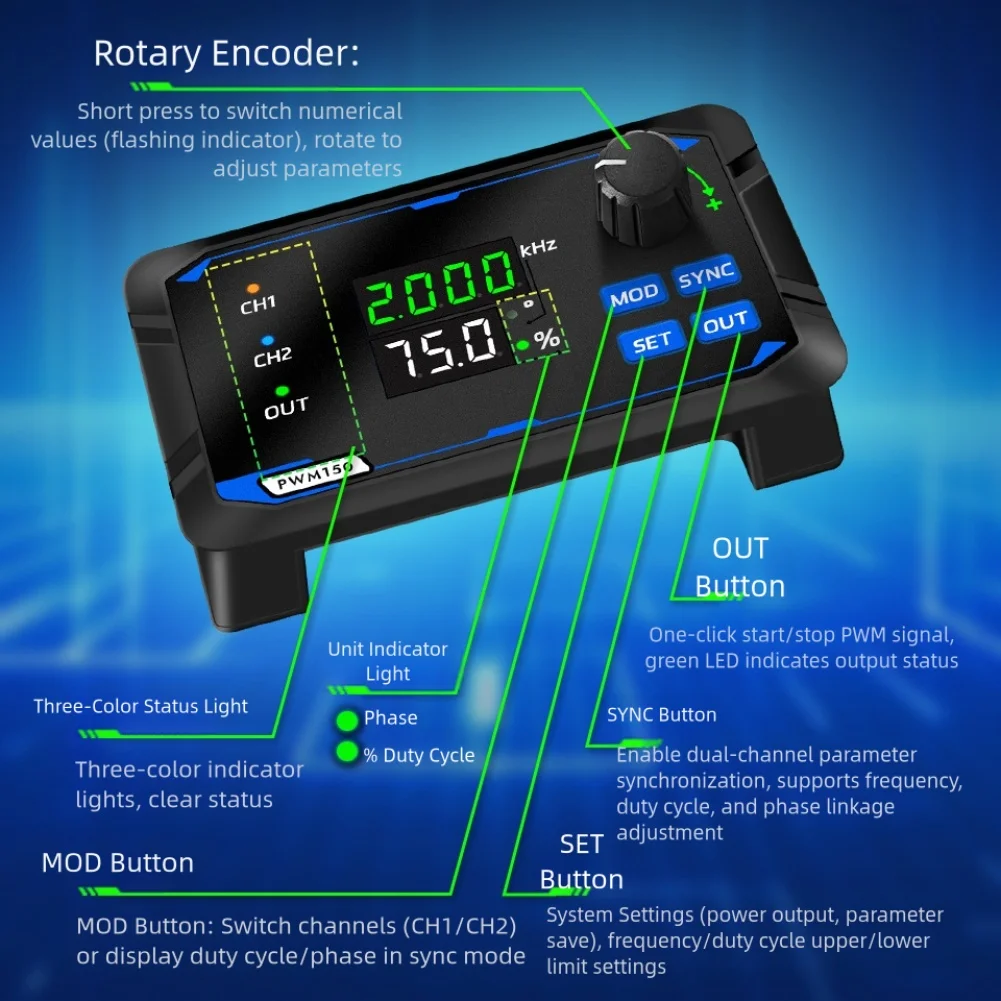 Gerador de canal duplo para testes eletrônicos, display digital, display LED branco de 3 dígitos, display LED verde de 4 dígitos