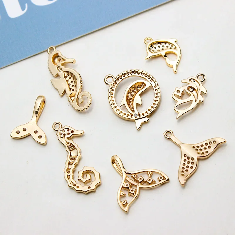 4Pcs Brass 14K Gold Plated Zircon Animal Whale Tail Mermaid Fish Dolphin Charms Pendant for DIY Bracelet Necklace Jewelry Making