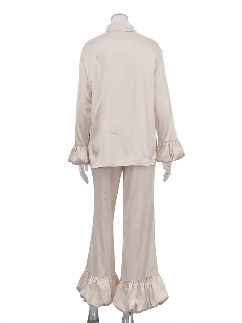 Marthaqiqi Loose Home Clothes Women Long Sleeve Nightgown Sexy Turn-Down Collar Sleepwear Pants Casual Ladies Pajama 2 Piece Set