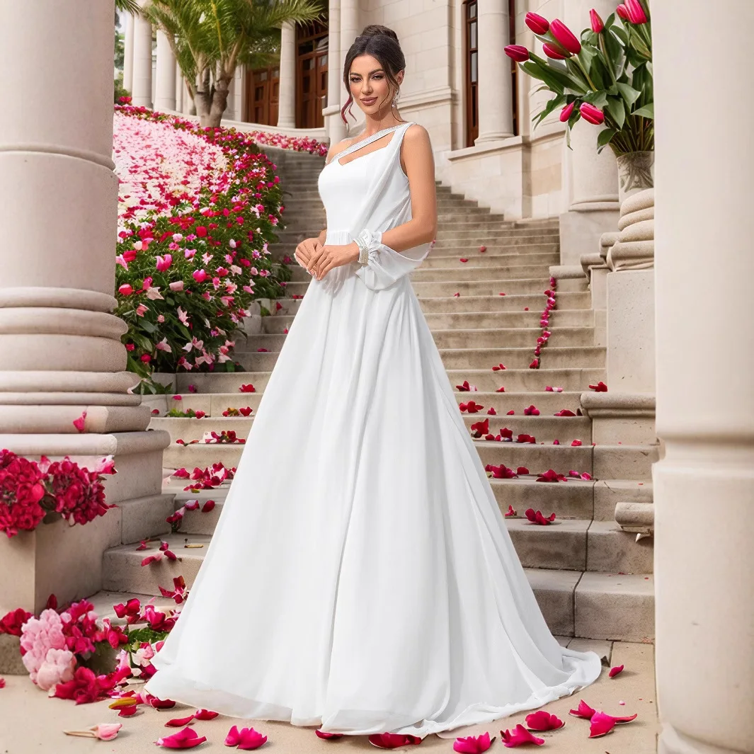 ใหม่ชีฟองแขนไหล่ชุดสําหรับจัดเลี้ยงงานแต่งงานเพื่อนเจ้าสาวชุดราตรี Femme 2025 ฤดูร้อนชุด Robe Vestido ผู้หญิง