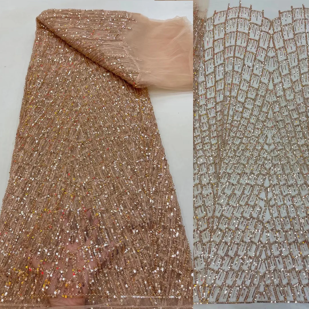 

(5yards/pc) High quality champagne gold African beads sequins tulle lace embroidered Nigerian wedding net lace for dress FRX135