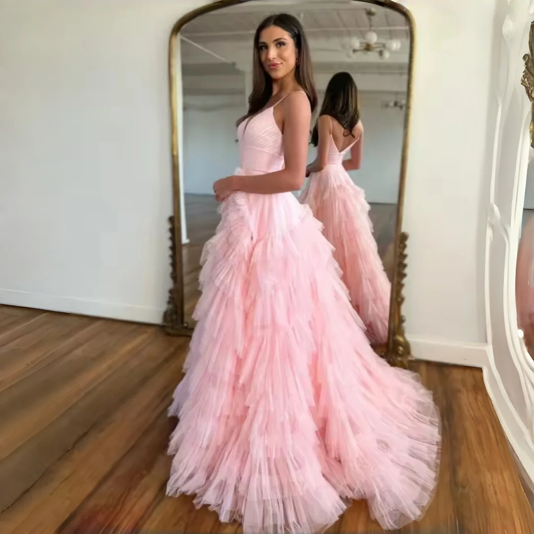 Custom Blush Pink Evening Dress Spaghetti Strap V Neck Pleated Waist Multi Layer Ruffled Tulle A Line Prom Wedding Occasions