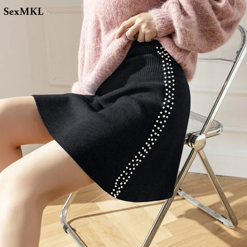 

Sexy Knitted Black Mini Skirts Women 2024 Fashion High Waist Harajuku Kawaii Skirt Korean Slim A Line Micro Skirt Winter Clothes