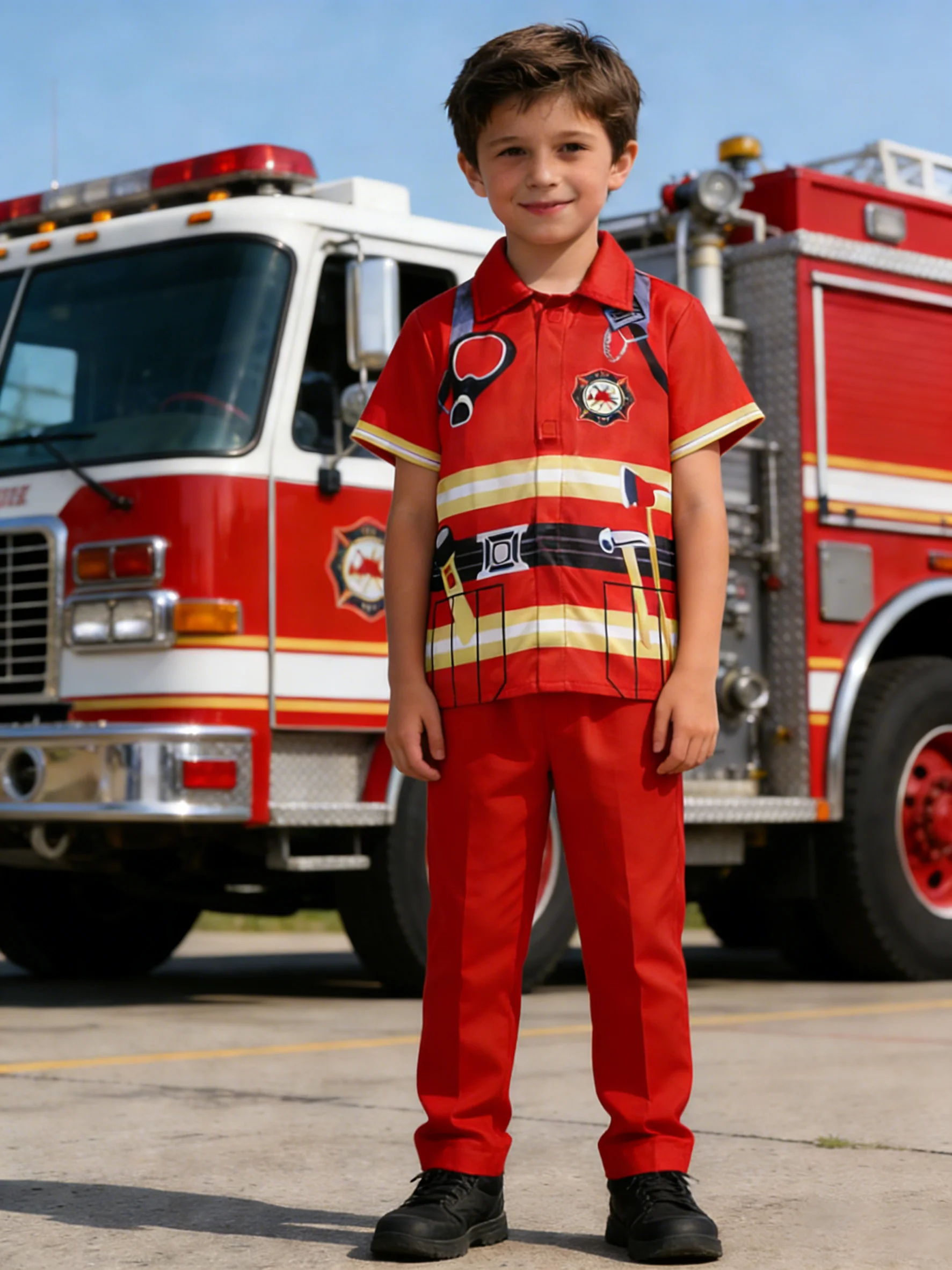 Conjunto de disfraz de bombero para niños: 1 camiseta de bombero + 3 accesorios, la camiseta presenta estampados de equipo de bombero, disfraces de Halloween para niños y varios disfraces para fiestas de carnaval