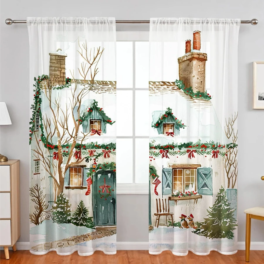 2PCS Sheer Curtains Watercolor Christmas Cottage Bow Stocking Print, Window Voile Panels for Bedroom Living Room Xmas Decor
