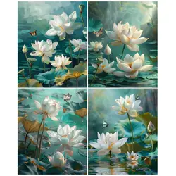 CHENISTORY 성인용 흰색 연꽃 숫자 그림, 캔버스에 아크릴 페인트, DIY 프레임 홈 장식