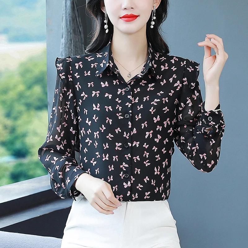 

Spring and Autumn New Style Versatile Slimming Fragmented Flower Long sleeved Chiffon Shirt Age Reducing Chiffon Top