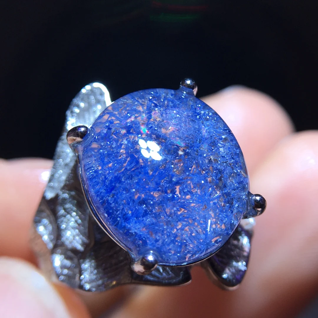

Natural Blue Rutilated Dumortierite Quartz Adjustable Ring 13.1/12mm Dumortierite Woman Men Ring Jewelry AAAAAAA