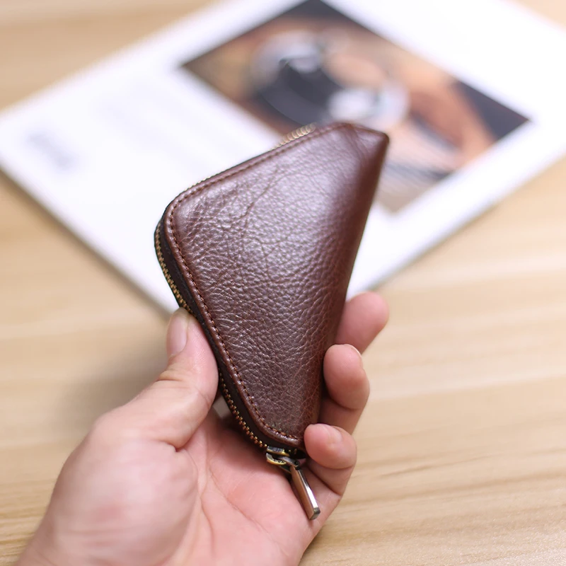 

Original Leather Key Wallet for Men Short Vintage Handmade Zipper Car Key Holder Coin Purse Card Case Bag Organizer Housekeepe