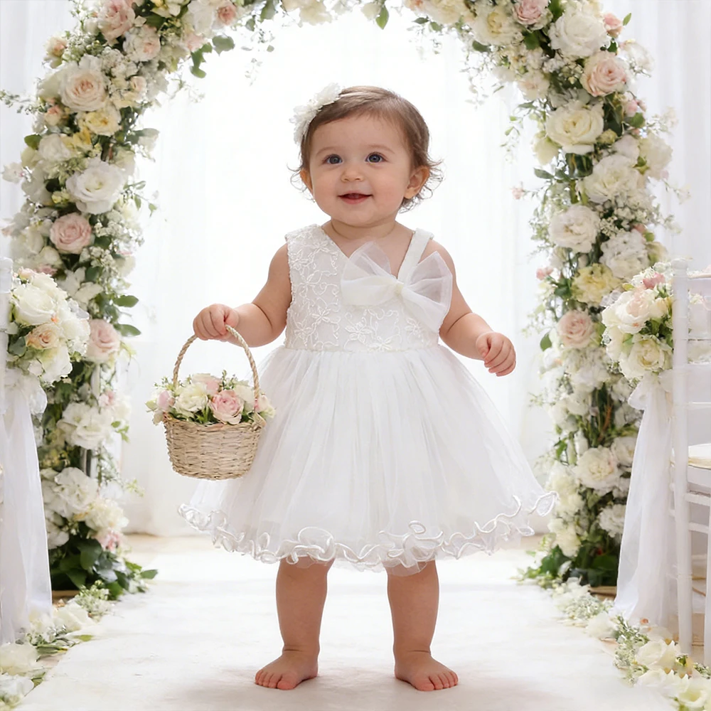 

White Baptismal Costume Baby Girl Clothes Bowknot Tulle Girls Party Dresses Flower Child Wedding Dress Toddler Birthday Dress