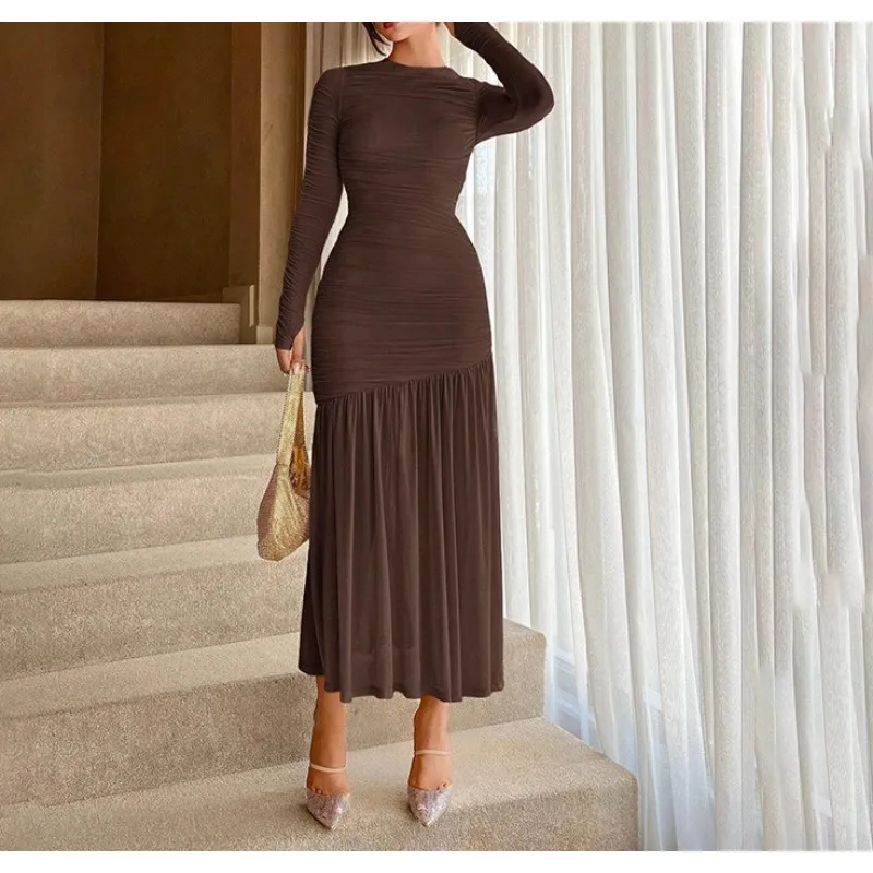 

2026 Women's Fashion Temperament Elegant Lace Pleated Crew Neck Solid Color Dress