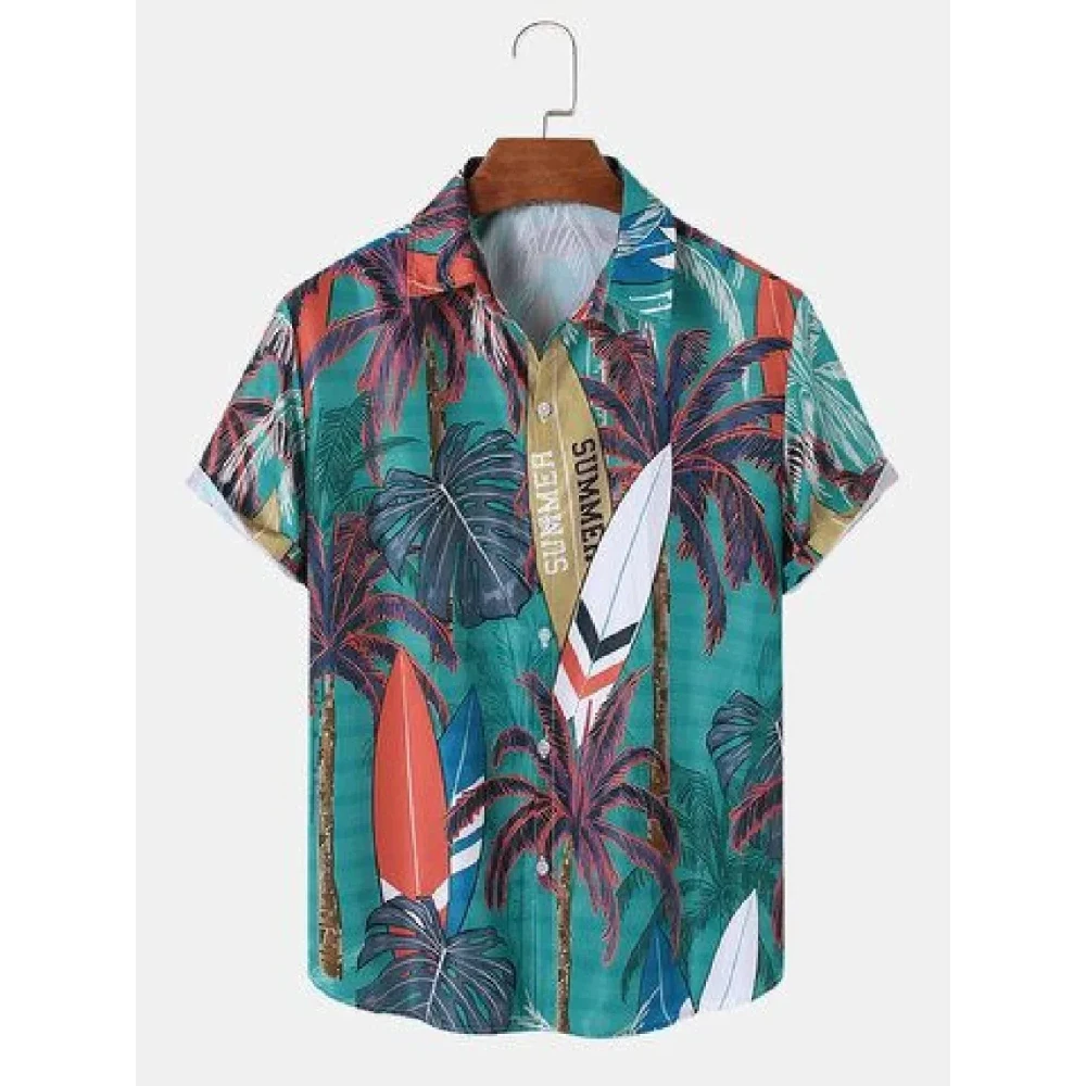 Hawaiian Beach Men's Short Sleeve Shirt Plant Print Pattern Men's Short Sleeve Lapel Casual Shirt Fashionable Tops Casual Shirt