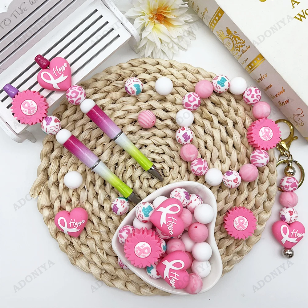 33/34-teiliges Silikonperlen-Set zum Thema Brustkrebs-Bewusstsein, DIY-Perlenkette, Armband, Dekoration, Stift, Schmuckanhänger usw. Feiertags-Geburtstagsgeschenk – Detail 3