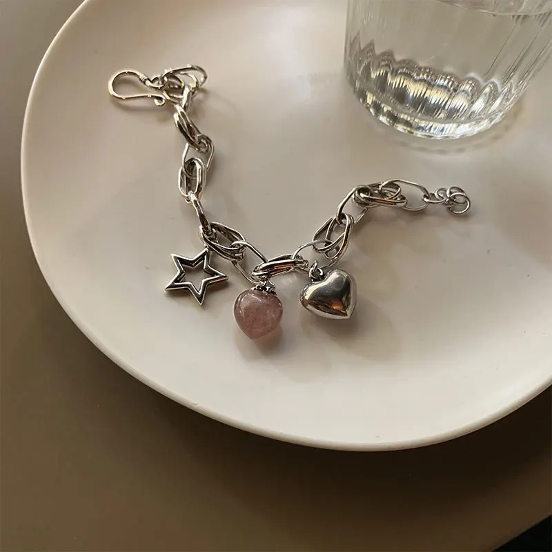 New Arrival Elegant Strawberry Quartz Love Heart & Star Thai Silver Female Charm Bracelet Wholesale Jewelry For Women No Fade