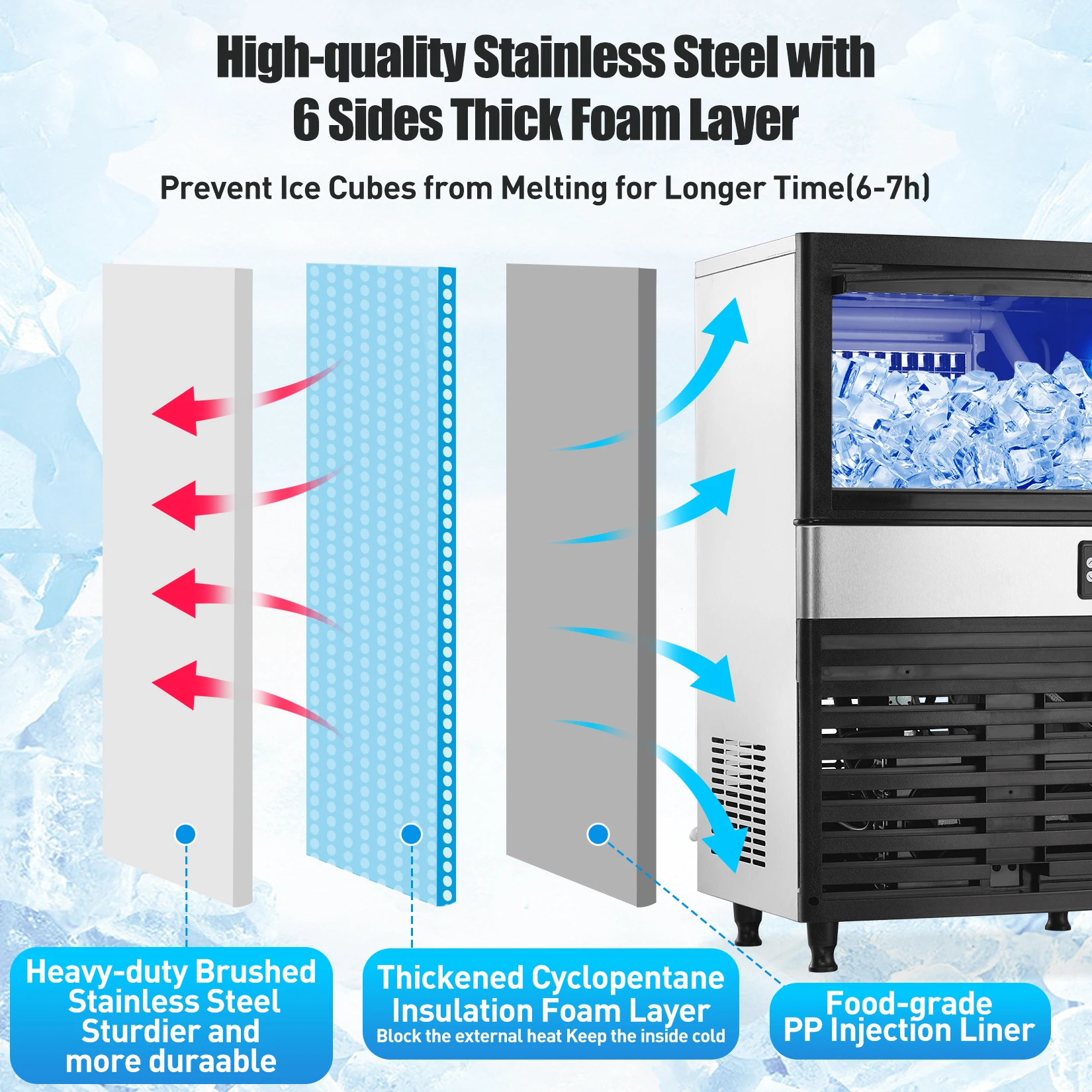 Komercyjna kostkarka do lodu, 150 funtów/24 godz., 78 kostek lodu w 8-15 minut, wolnostojąca kostkarka do lodu o pojemności 27 funtów