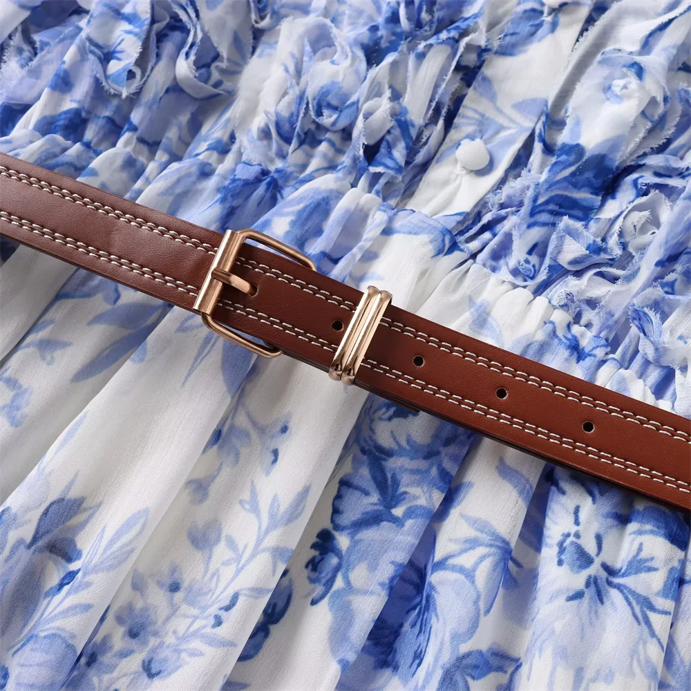 BM&MD&ZA2025summer novo vestido feminino com cinto em camadas estampa decorativa manga longa solto temperamento vestido saia longa