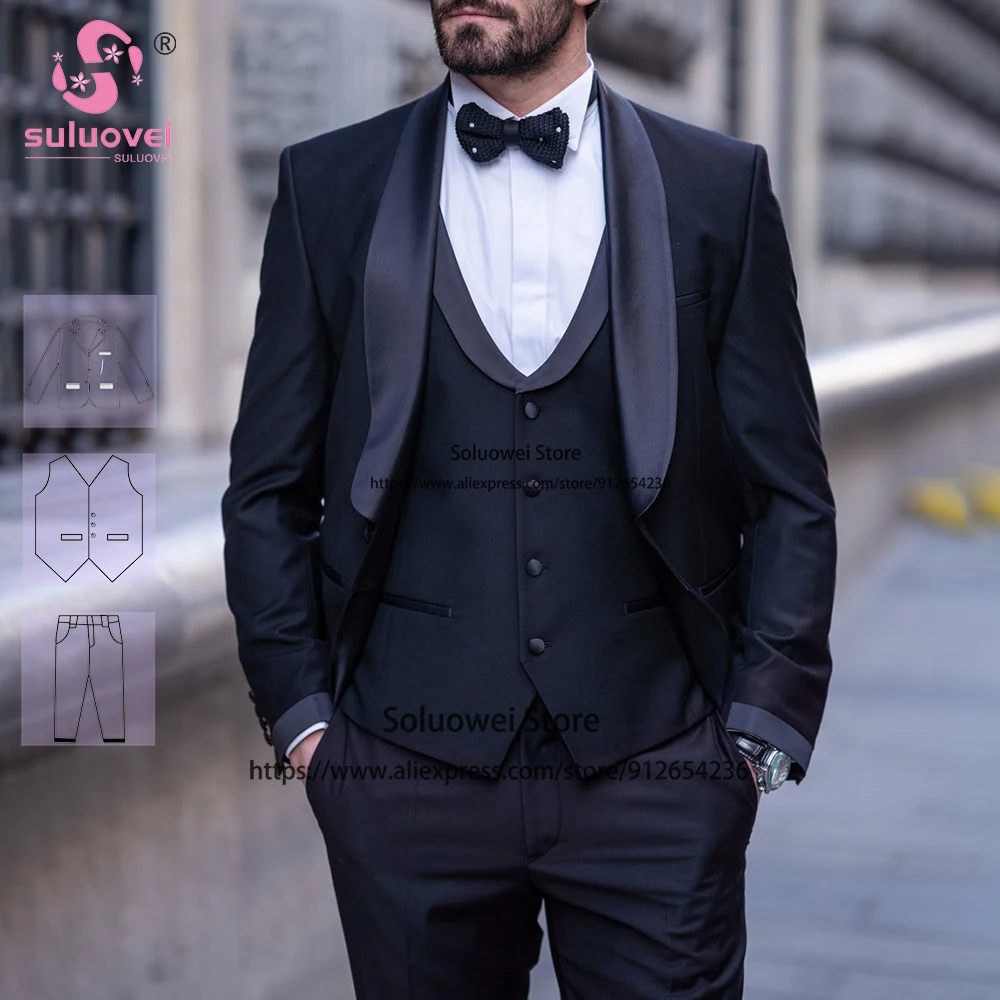 

Fashion Shawl Lapel Suits For Men Slim Fit Business 3 Piece Pants Set Formal Groom Wedding Dinner Party Tuxedos Blazer Masculino