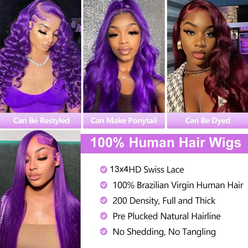 Dark Purple Body Wave Human Hair Wigs 13x4 HD Lace Frontal Human Hair Wig 200% Colored Body Wave Lace Front Wig For Women image 4