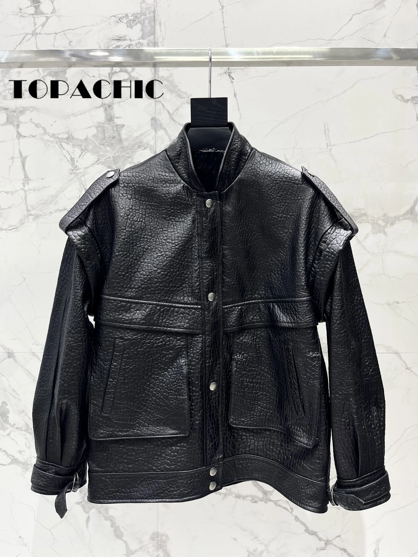 8.6 TOPACHIC Women Street Fashion Vintage Real Leather Jacket Men Women Same Epaulet Big Pocket Design Sheepskin Loose Coat