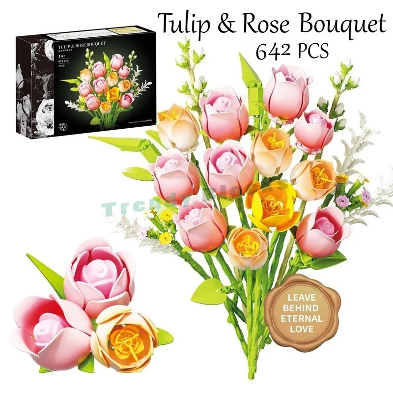 642PCS Romantic Tulip&Rose Bouquet Building Blocks,Eternal Flower Exquisite Home Party Wedding Decoration DIY Toy Valentine Gift