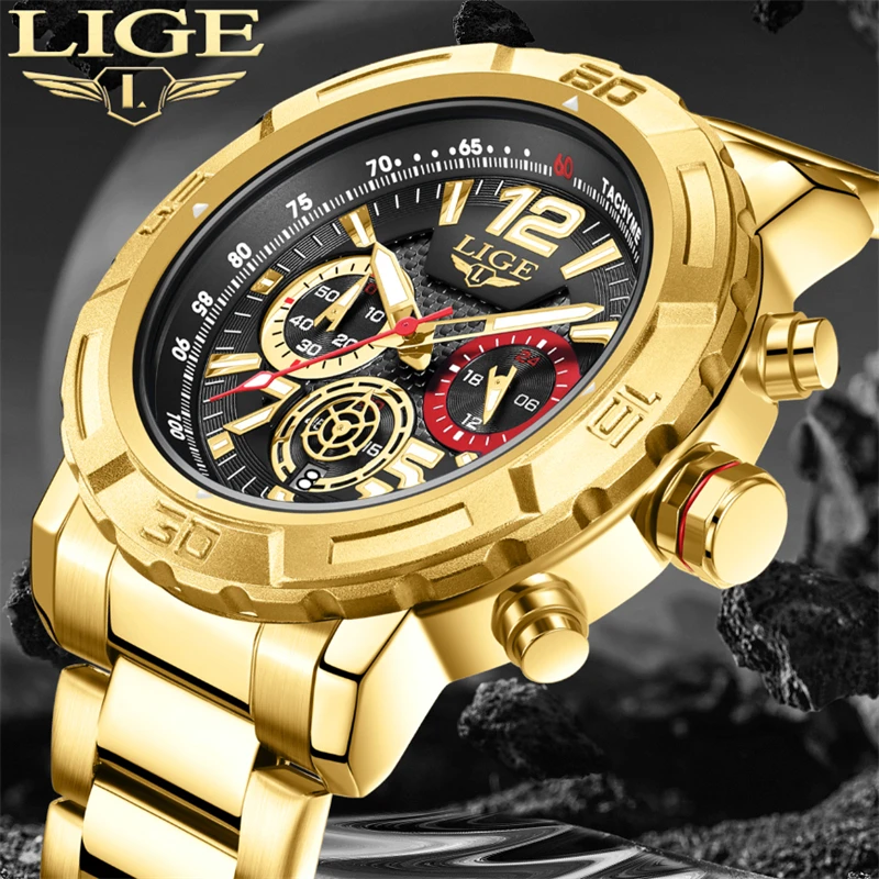 LIGE Brand Man Gold Watch Military Quartz Male Watches Waterproof Luminous Watch for Men Date Chronograph Clock Sport Wristwatch