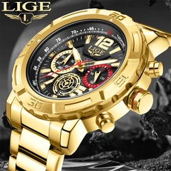 LIGE Brand Man Gold Watch Military Quartz Male Watches Waterproof Luminous Watch for Men Date Chronograph Clock Sport Wristwatch