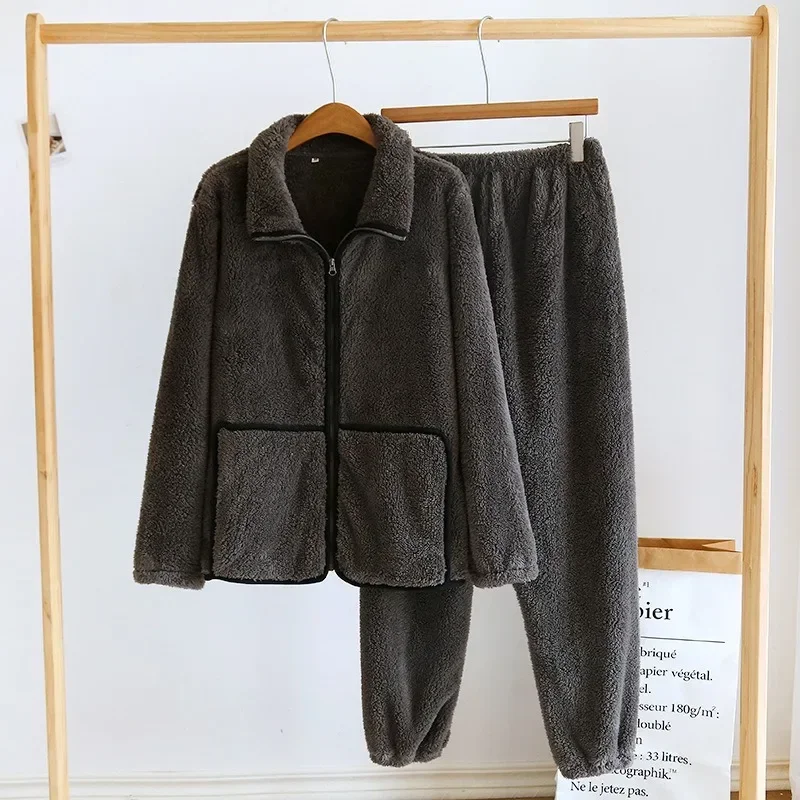 2025 invierno nuevo conjunto de ropa de dormir para parejas franela cremallera pantalones de manga larga dos piezas Coral felpa gruesa piel de hogar