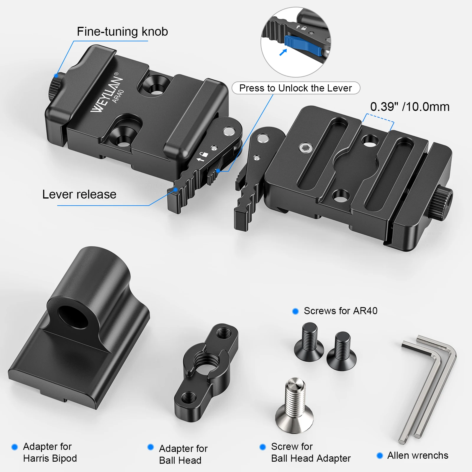 Zacisk Arca Swiss z szybkozłączką i dźwignią zwalniającą WEYLLAN AR40, aluminiowy adapter do bipodu, pasujący do bipodów...