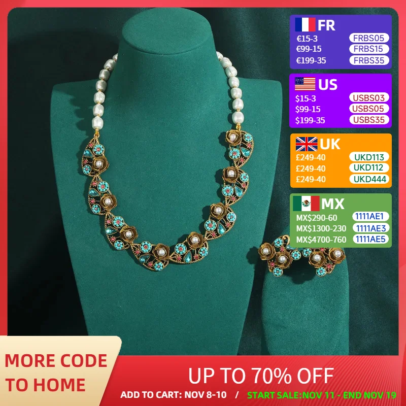 

Винтажные серьги и ожерелье с рисовыми бусинами и цветком в стиле ретро, комплект ювелирных изделий для женщин, свадебный подарок, аксессуары в форме синей смолы