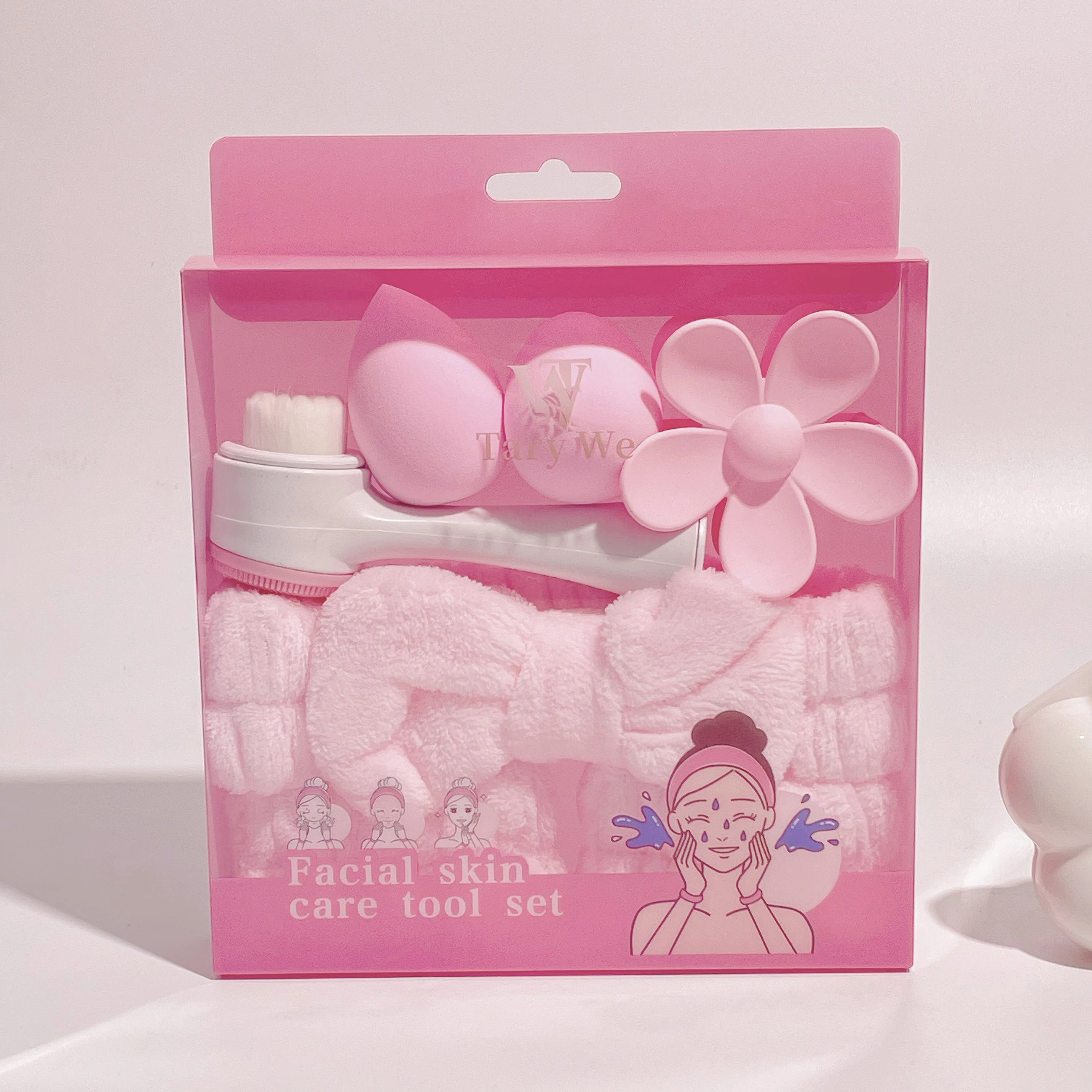 Set de 7 Piezas para el Cuidado Diario de la Piel y Maquillaje, Pinza para el Cabello con Lazo, Cepillo de Limpieza Facial, Esponja de Maquillaje