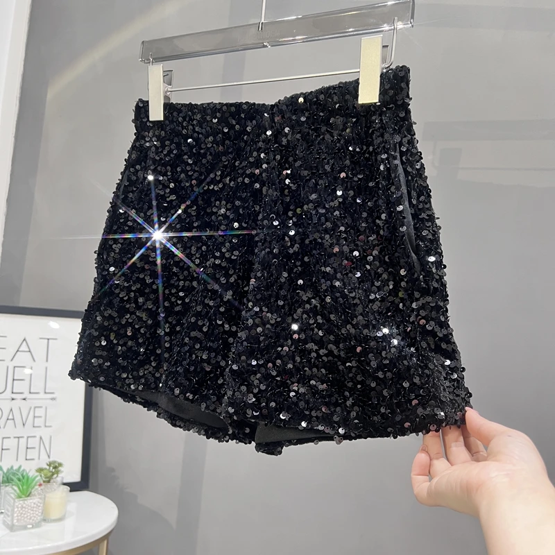 Europa und Amerika Pailletten schwarze Shorts schlanke Wildleder bestickte Perlen Graue Freizeit hose Damen Hot pants