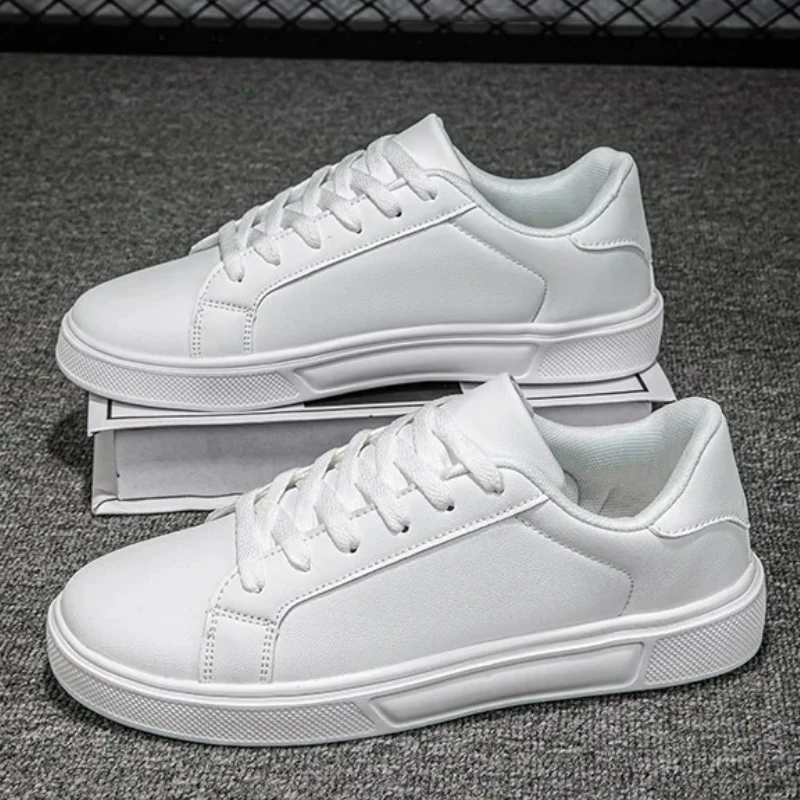 Men's Shoes White Sneakers PU Leather Solid Men Casual Shoes Lightweight Soft Women Vulcanized Shoes Couple Lace-up Running Shoe