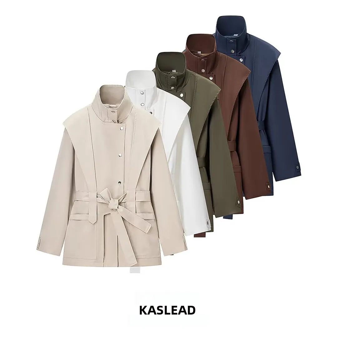 KASLEAD New Women's Fashion High-End Versatile Motorcycle Style Coat Long Sleeve Regular Length Single Button Polyester Fiber