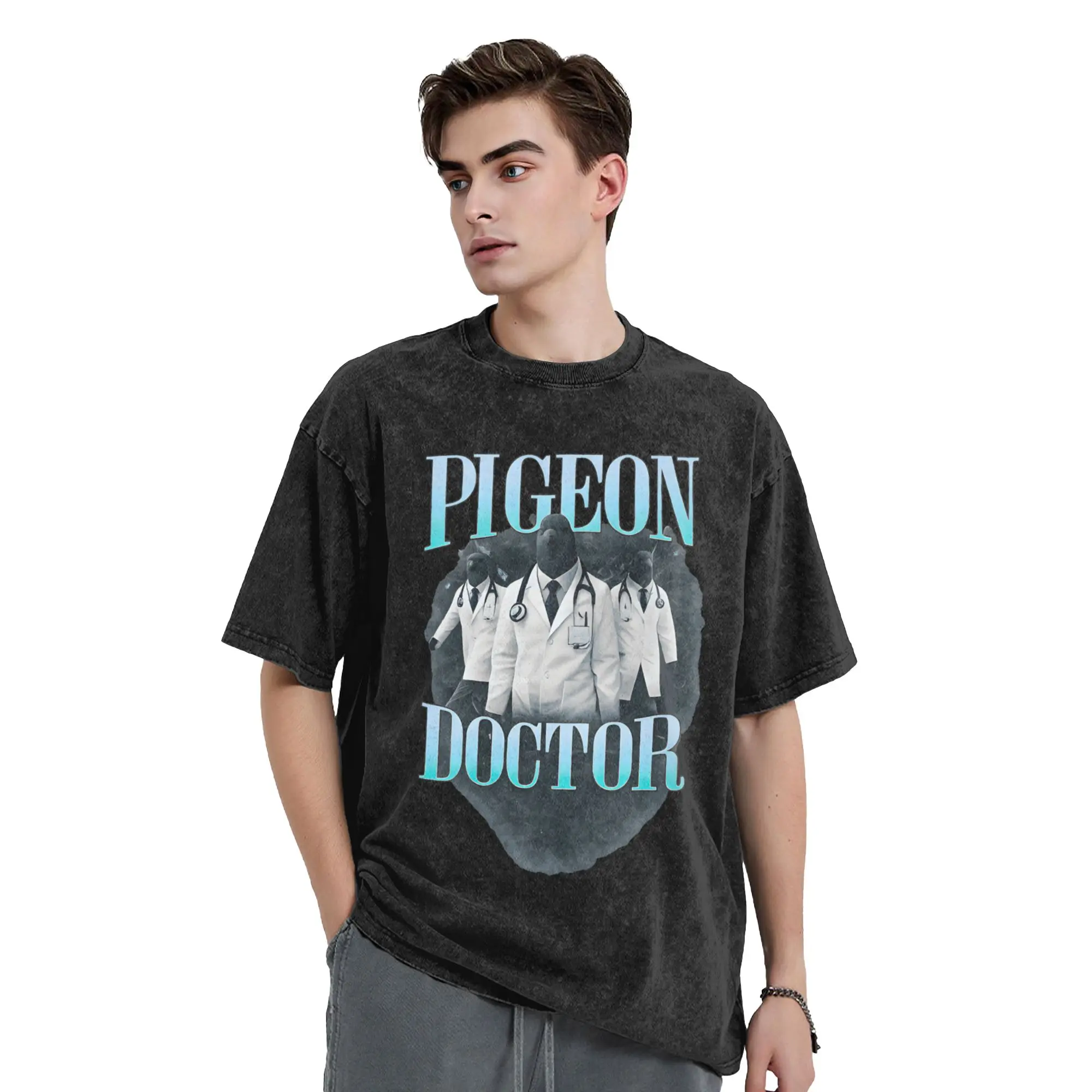 2026 New Brainrot Internet Meme Doctor Pigeon Men's T Shirt Washed  Novelty Tees Short Sleeve Round New Arrival Tops