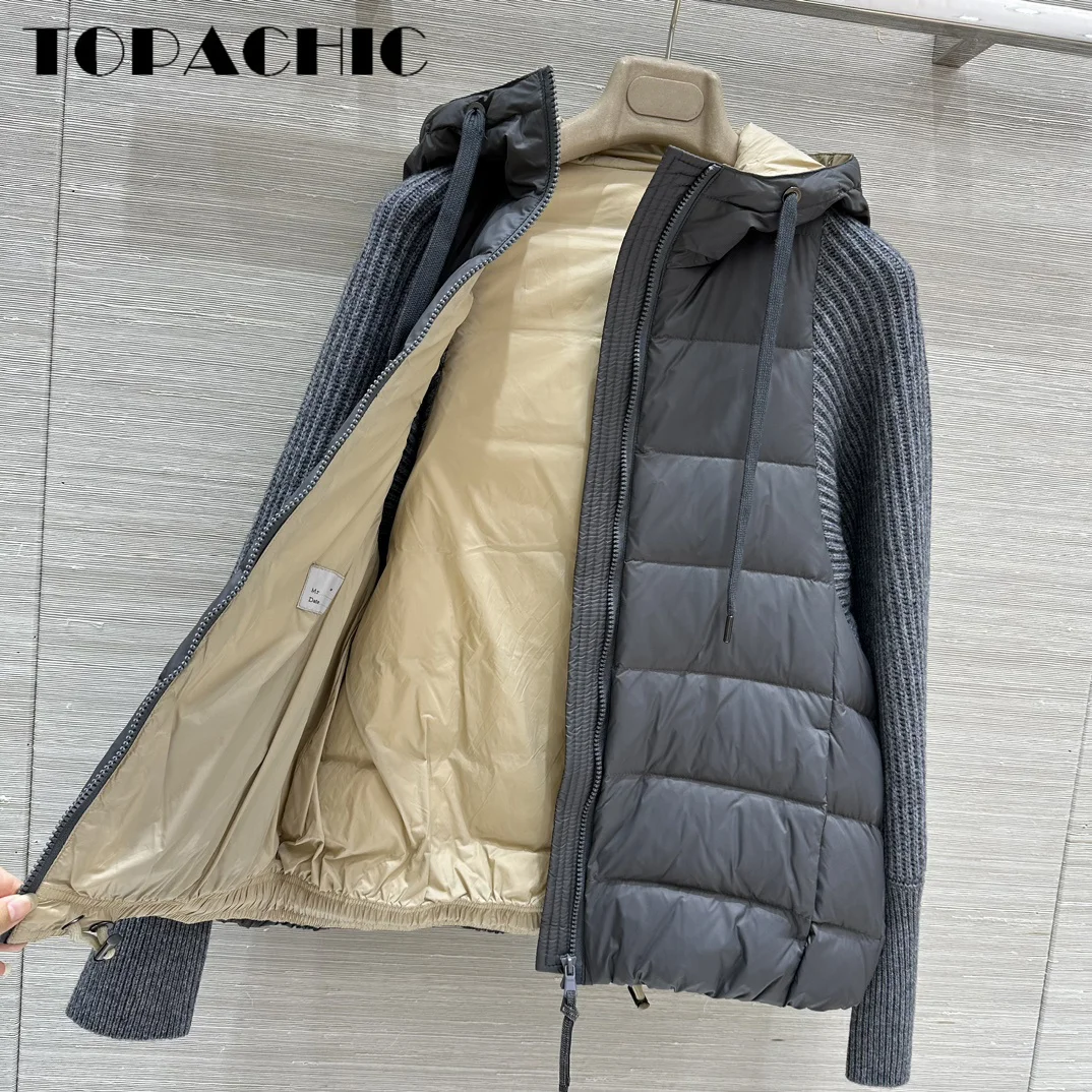 8.31 TOPACHIC-Women Bead Chain Zipper Wool Knit Long Sleeve Spliced Hooded Down Jacket Keep Warm Comfortable All-match Coat