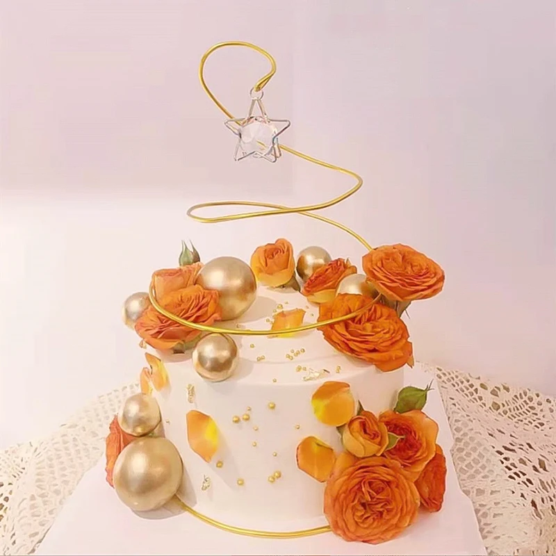 Wire Ball Happy Birthday Cake Topper Gold Silver Crystal Star Circle Wishing Tree Spiral Circle Iron Art Birthday Cake Decoratio