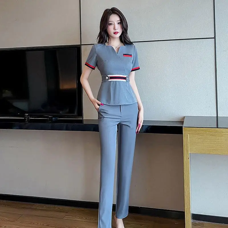new-women's-work-clothes-set-hotel-waiter-beauty-hairdressing-spa-massage-nail-salon-sexy-sauna-technician-front-desk-grey-pants