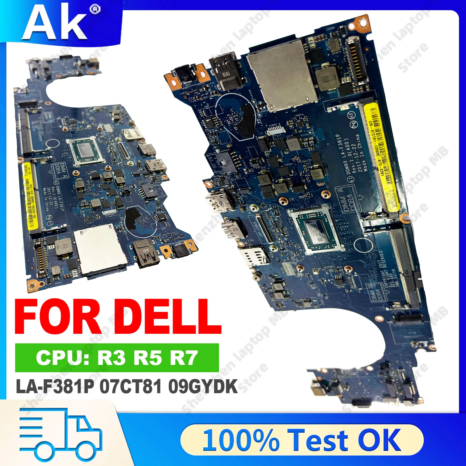 For DELL Latitude 5495 LA-F381P 07CT81 09GYDK Laptop Motherboard with R3-2300U/3200U  R5-2500U R7-2700U CPU 100% Fully Tested