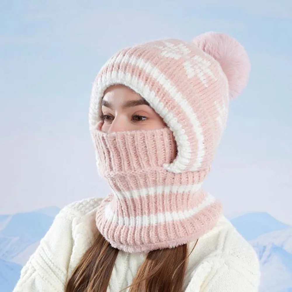 Fleece Lining Knitted Balaclava Hat Snowflake Jacquard Ear Protection Winter Beanie Mask Thick Warm Soft Integrated Scarf Cap