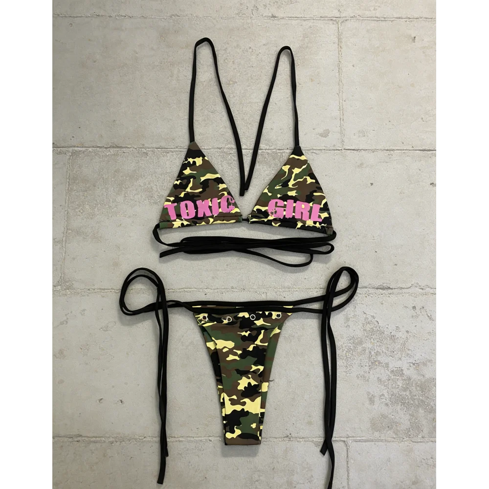 European and American 2026 Summer New Camouflage Hot Girl Lace Letter Printed Iron Circle Fashion Bikini Set for Women