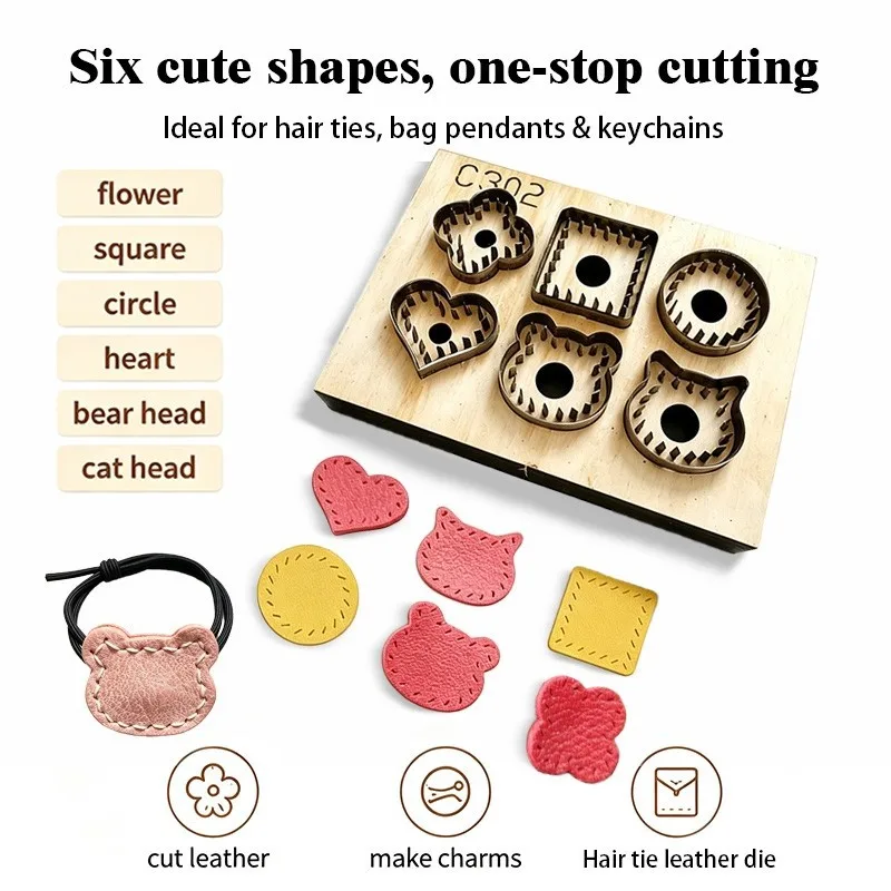 Cartoon Leather Die Cut Mold, Heart Flower Round Square Cat Bear Head, Leather Hair Tie Charm Keychain Pendant Cutting Die