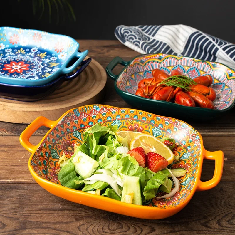 

9In Ceramic Double-Ear Square Plate High-Quality Appearance Vegetable Plate Fruit Salad Plate Main Course Steak Plate