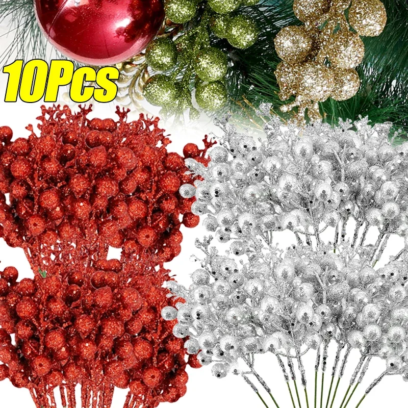 Christmas Artificial Berry Branches Gold Powder Berries Holly Berries Branch DIY Xmas Wreath Tree Decoration Home Table Decors