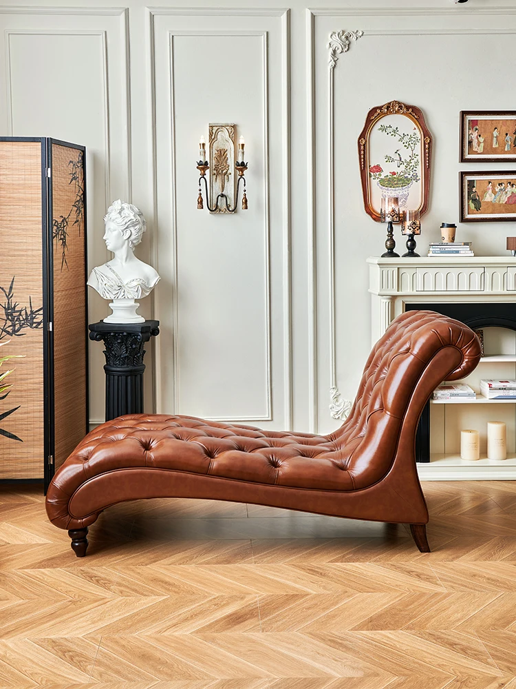 LMM living room leather pull button chaise longue home leisure beauty couch sofa