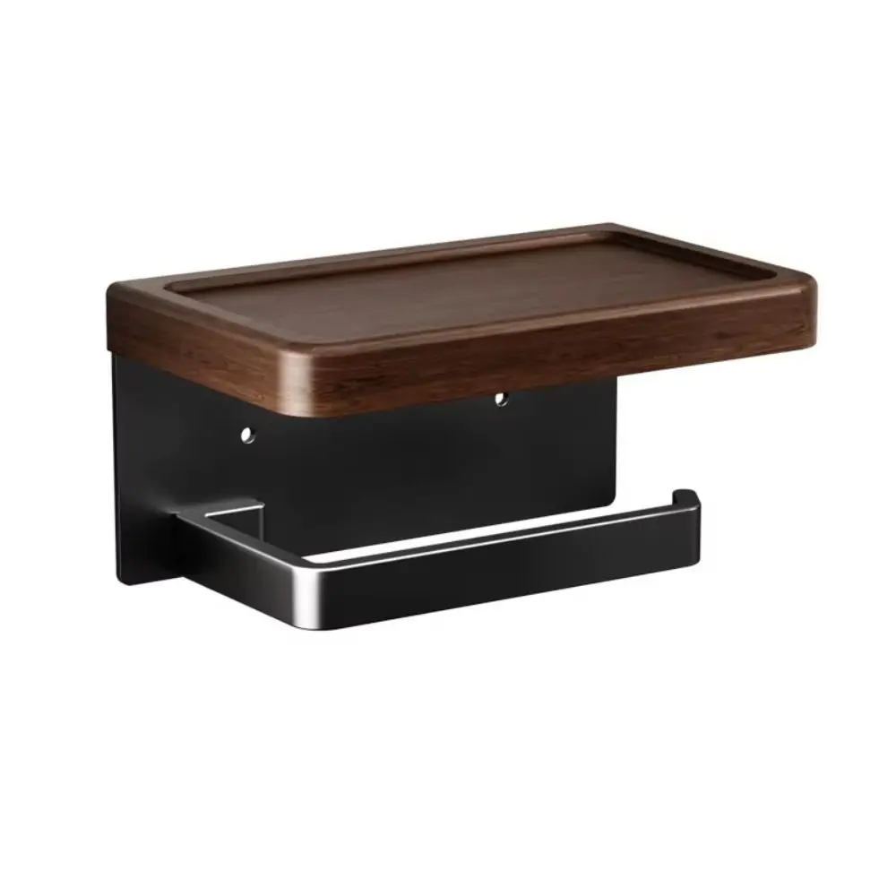 Wood Material Wall-Mounted Toilet Paper Holder with Storage Tray Waterproof Bathroom Tissue Roll Rack Space Saving Rust-proof view 2