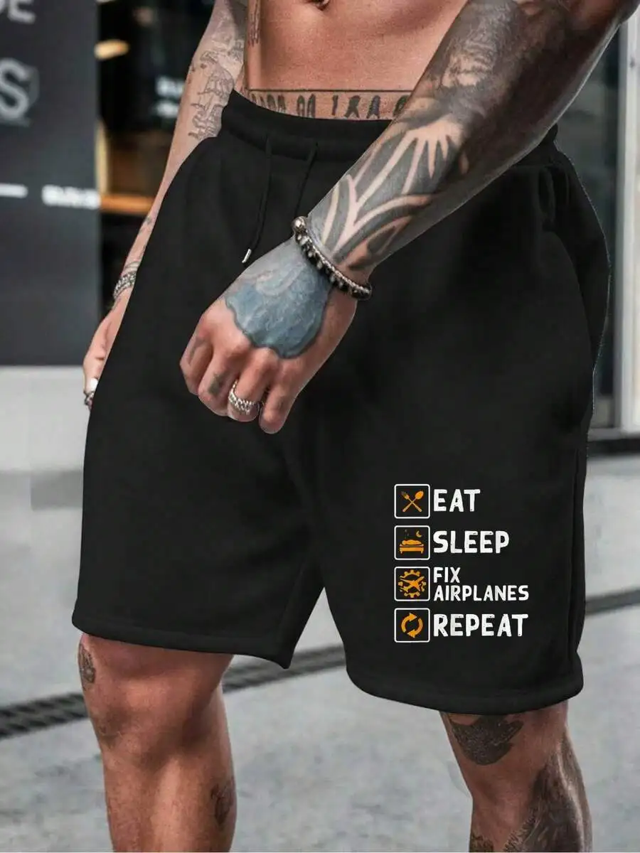 

Black Mens Casual Shorts With Aviation-Themed Graphic Print For Pilots And Flight Enthusiasts